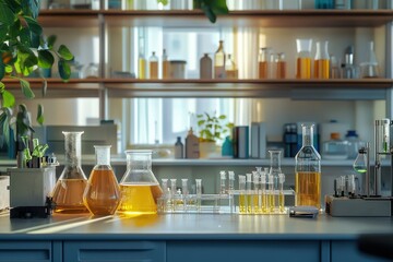 Poster - Laboratory workspace featuring various glassware filled with colorful liquids and plants
