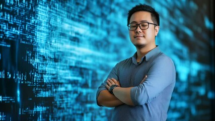 Focused Asian Man Standing Confidently in Front of a Digital Data Stream