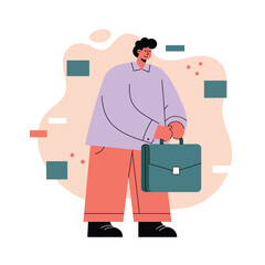 Poster - Man carrying briefcase wearing purple shirt and orange pants business casual style vector illustration 