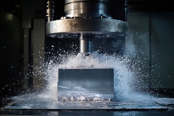 Poster - Machining metal block with water coolant in industrial workshop during daytime
