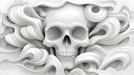 Poster - Abstract White Skull Emerging From Swirling Smoke Illustration