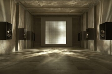 Poster - Modern art installation featuring large speakers and illuminated wall in a minimalist space