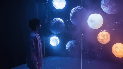 Wall Mural - a person is looking at a display of planets in a room. the display is colorful and has a futuristic 