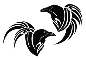 Wall Mural - mysterious raven profile head with stylized tribal style wing - magic spirit bird black and white ve