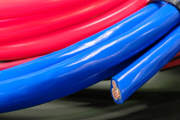 Poster - A blue and red wire is shown in the image. The blue wire is wrapped around the red wire, and the two wires are connected to a power source Concept of energy and power