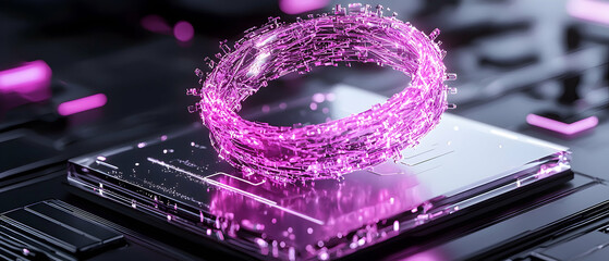 Futuristic digital concept with a glowing pink ring above a circuit board. Ideal for tech presentations or science fiction visuals. Suggest using for a modern website design.