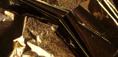 Aufkleber - Copper foil with metallic, shiny texture creates a dramatic, high-contrast surface. Angular folds and crumples in bronze and gold tones highlight the reflective, burnished details, perfect for luxury.
