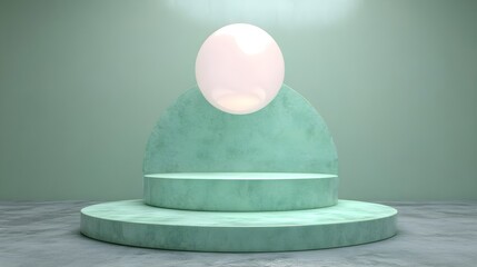 Poster - Minimalist stage design with circular elements in soft green decorative display modern aesthetic
