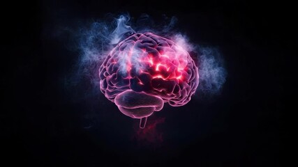 Poster - Abstract glowing brain illustration with neon lights and colorful smoke on a dark background, symbolizing intelligence and creativity