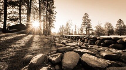 Wall Mural - serene landscape at sunrise with sun rays piercing through trees beside a stone pathway