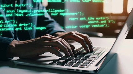 Aufkleber - Professional software developer intently typing code on laptop keyboard, illuminated screen displaying scrolling programming lines within dimly lit workspace