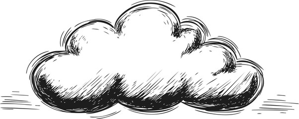 Sketch drawing of fluffy cloud with black and white shading in motion. Vector illustration
