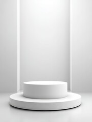 Poster - Minimalist White Display Platform - Clean, simple two-tiered white display platform against a white background, ideal for product showcasing or branding