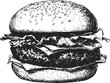 © labirint - Hand-drawn detailed black and white cheeseburger illustration with sesame bun. Vector illustration