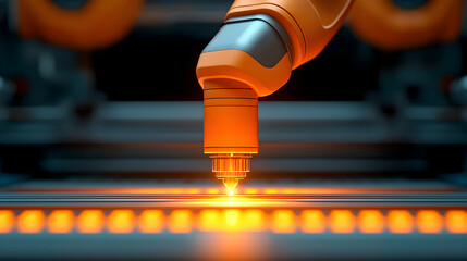 Poster - Close Up of Orange Robotic Arm Welding Metal in Futuristic Factory
