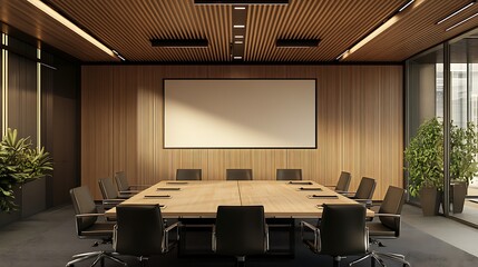 Poster -  A modern boardroom with a large blank screen for presentations