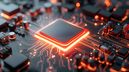 Aufkleber - Close Up View of Intricate Computer Motherboard with Glowing Red Chip