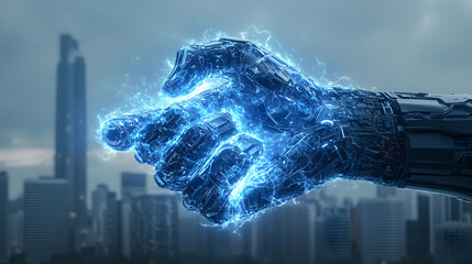 A robotic hand emanates vibrant blue energy above a city skyline. Perfect for futuristic sci-fi themes and digital art projects exploring technological power.