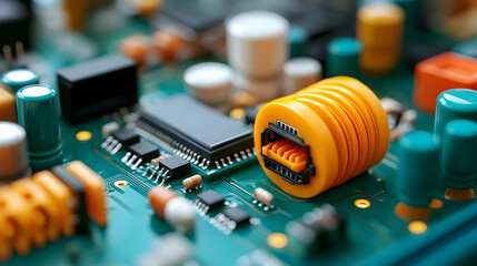 Poster - Closeup View of Intricate Computer Motherboard with Orange Connector