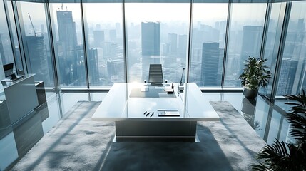 Poster - A modern office with large windows and a clean desk setup