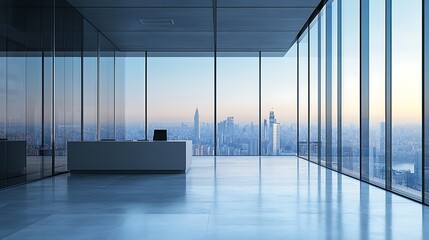 Poster - A modern office with large windows and a clean desk setup