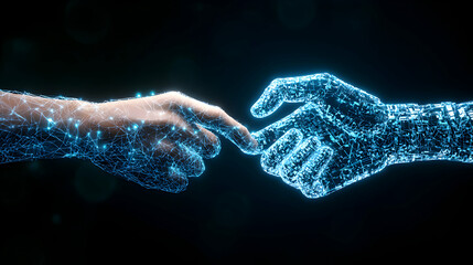 image depicts human and digital hands connecting. it symbolizes ai interaction and futuristic techno