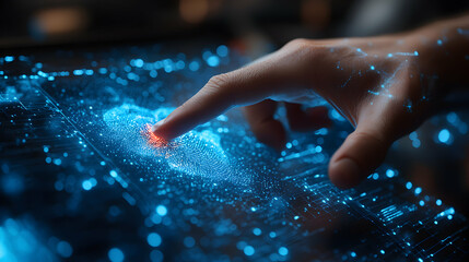 A hand touches a futuristic digital interface creating a glowing interaction. This image can represent data analysis or innovative technology exploration.