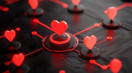 Aufkleber - Black background with red hearts scattered around it. The hearts are connected to each other in a network