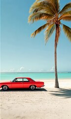 Aufkleber - Stop motion animation shows a classic red car parked on a beautiful white sand beach next to a palm tree, with turquoise water in the background, creating a summery and idyllic scene