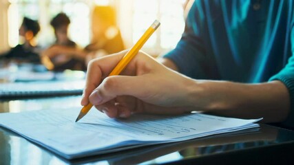 Poster - Student's hand meticulously writing lecture notes with pencil during classroom session, capturing studious concentration through slow motion close up sequence