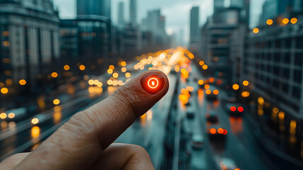 A finger displays a glowing lock symbol over a blurry cityscape. It suggests digital security or urban access. Use it for technology concepts.