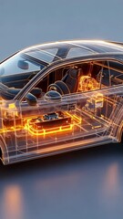 Aufkleber - Modern electric car showcasing its internal structure, battery, and chassis through a transparent bodywork, highlighted with orange lines on a neutral gray background