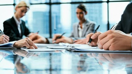 Poster - Professional businesspeople signing legal documents during collaborative meeting, capturing pivotal business moment with slow motion dynamics in sleek modern office environment