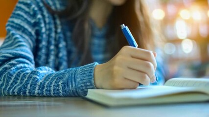 Aufkleber - Woman wearing blue sweater writing notes in notebook with blue pen, sitting at desk in bright, cozy interior, capturing focused learning moment in slow motion sequence