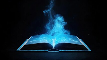 Poster - open book with blue light and magical smoke rising from pages in dark background