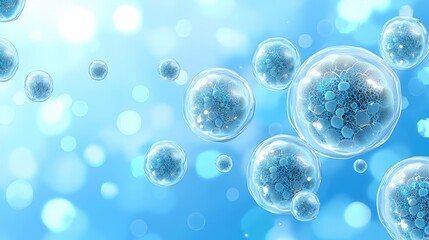 Poster - Blue background with many small blue spheres. The spheres are all different sizes and are scattered throughout the image. Scene is calm and serene, with the blue background and the small