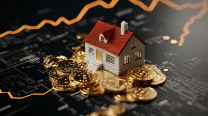 Poster - Cryptocurrency Investment Concept with House Model and Golden Coins on Financial Chart Background