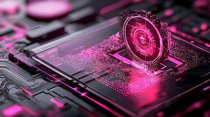 A neon pink and dark futuristic tech design featuring circuit boards and an illuminated symbol. Great for tech websites and marketing materials.