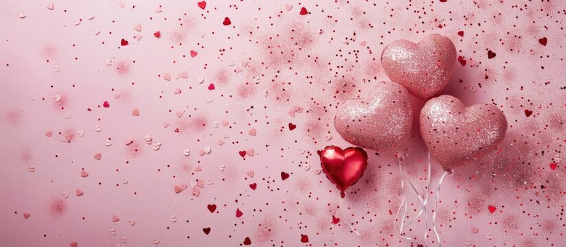 Romantic pink and red heart shapes floating in a dreamy atmosphere, creating a soft, ethereal Valentine's Day backdrop for love, affection, and tenderness