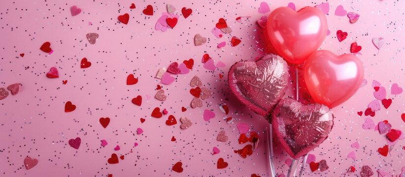 Romantic pink and red heart shapes floating in a dreamy atmosphere, creating a soft, ethereal Valentine's Day backdrop for love, affection, and tenderness