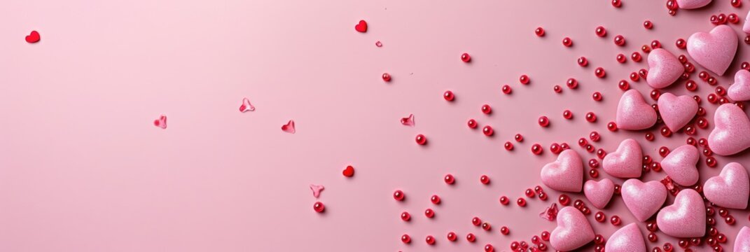 Romantic pink and red heart shapes floating in a dreamy atmosphere, creating a soft, ethereal Valentine's Day backdrop for love, affection, and tenderness