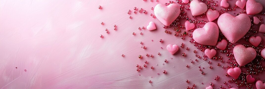 Romantic pink and red heart shapes floating in a dreamy atmosphere, creating a soft, ethereal Valentine's Day backdrop for love, affection, and tenderness