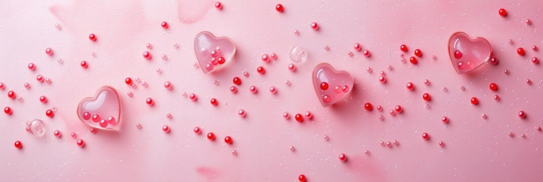 Romantic pink and red heart shapes floating in a dreamy atmosphere, creating a soft, ethereal Valentine's Day backdrop for love, affection, and tenderness