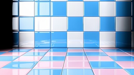 Poster - The wall is made up of blue and white tiles arranged in a checkered pattern. The blue tiles are slightly larger than the white tiles, creating a visually interesting contrast