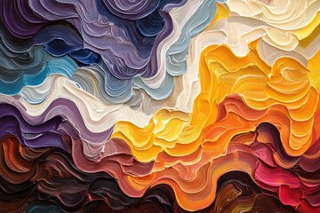 Poster - Abstract painting with wavy lines in shades of purple yellow orange brown and white creating a fluid effect
