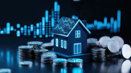 Poster - Digital house model on coins with glowing financial graph, symbolizing real estate investment and market trends in finance