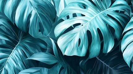 Poster - Close up of a leafy green plant with a blue background. The leaves are large and have a lot of detail