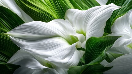 Poster - Close up of a white flower with green leaves. The flower is surrounded by green leaves and the overall image has a serene and calming mood