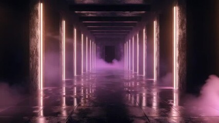 Poster - Futuristic hallway with neon lights and mist, creating an atmospheric and surreal environment for imaginative concepts