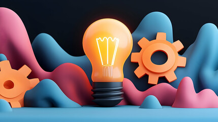 Wall Mural - illuminated light bulb with gears on abstract landscape